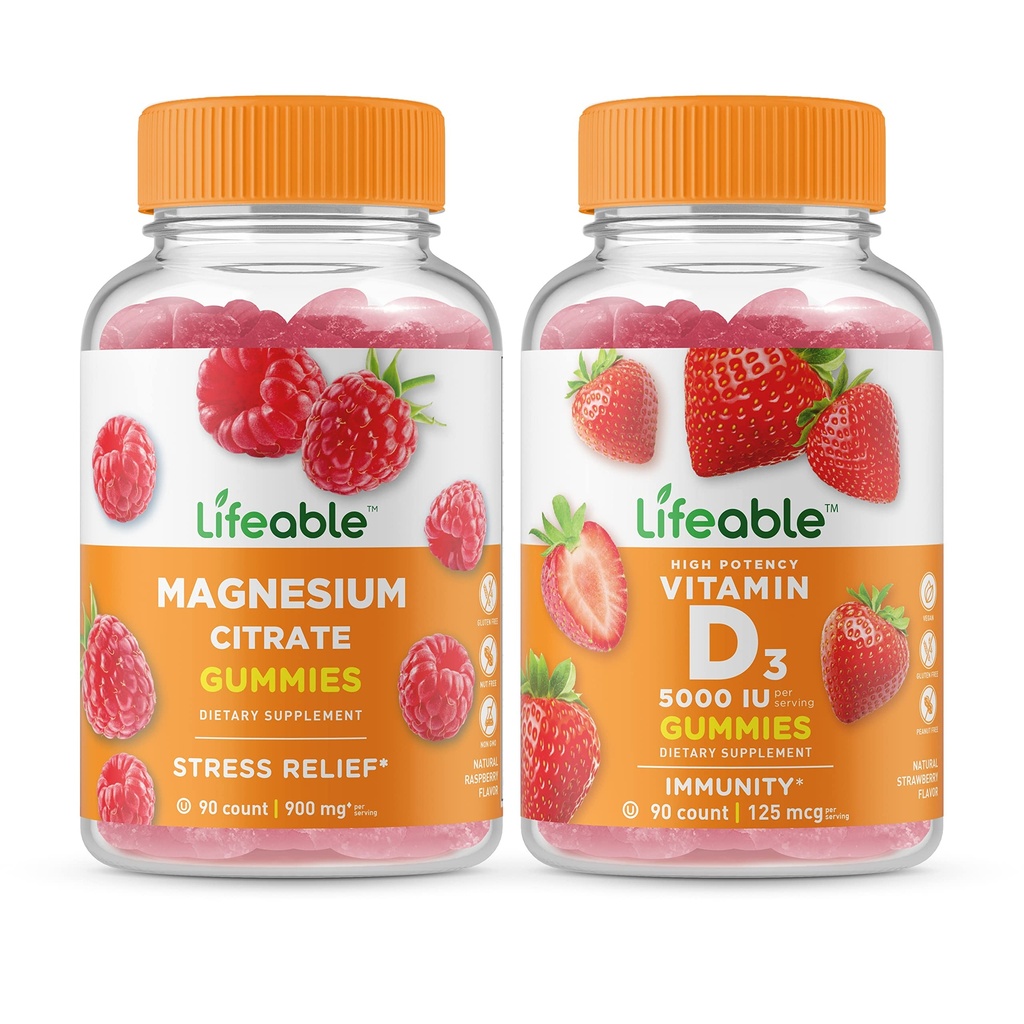 Magnésio vitalício + Vitamina D 5000 UI, Gummies Bundle - Grande degustação, Suplemento Vitamina, Sem glúten, GMO Livre, Gummy mastigável