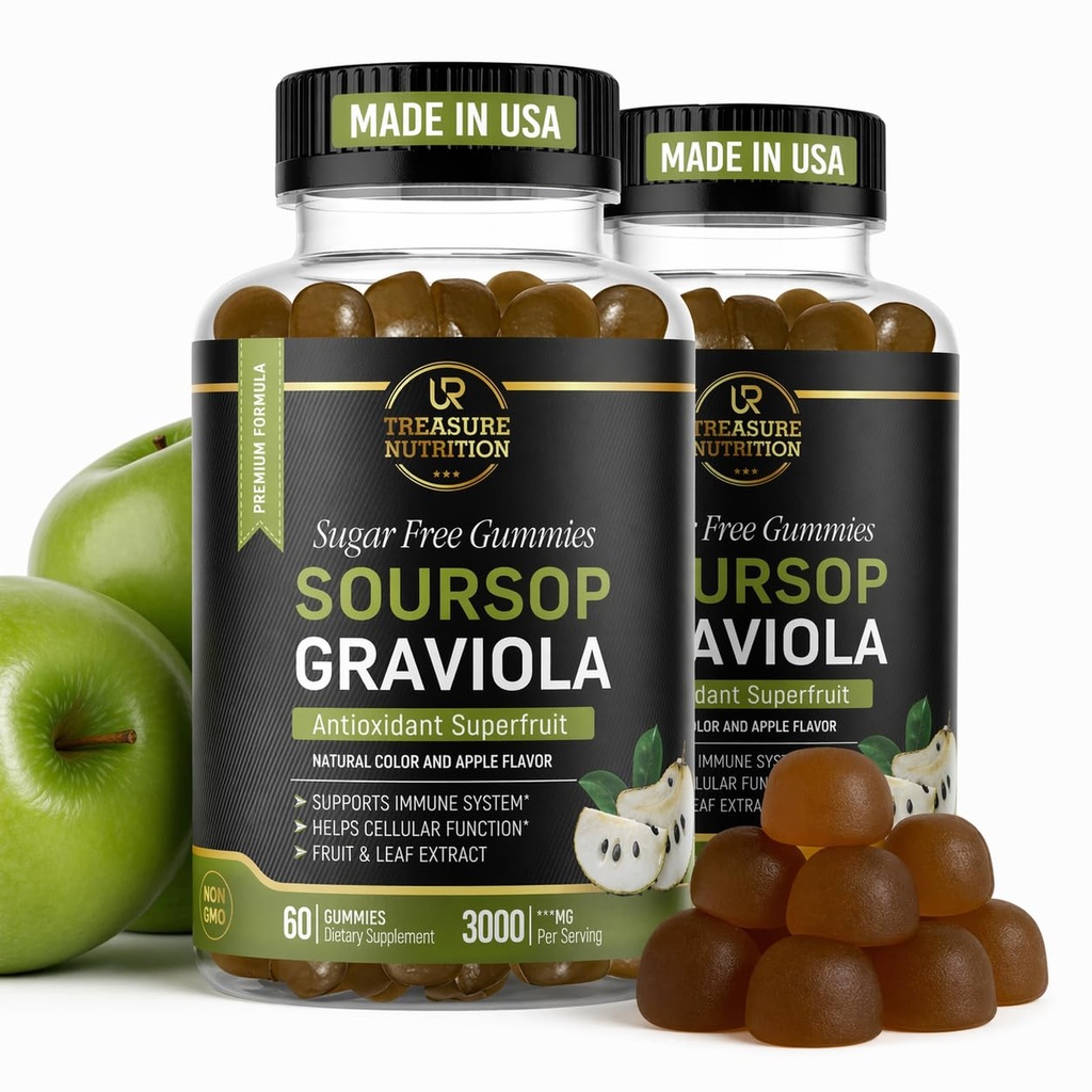 Folhas de soursop e gomas de frutas de soursop - 3000mg Extrato de soursop - 2 Pacote de Graviola Suplemento - Frutas de soursop e folha - 120ct - sem açúcar - sem glúten – Não-GMO – Vegan Friendly