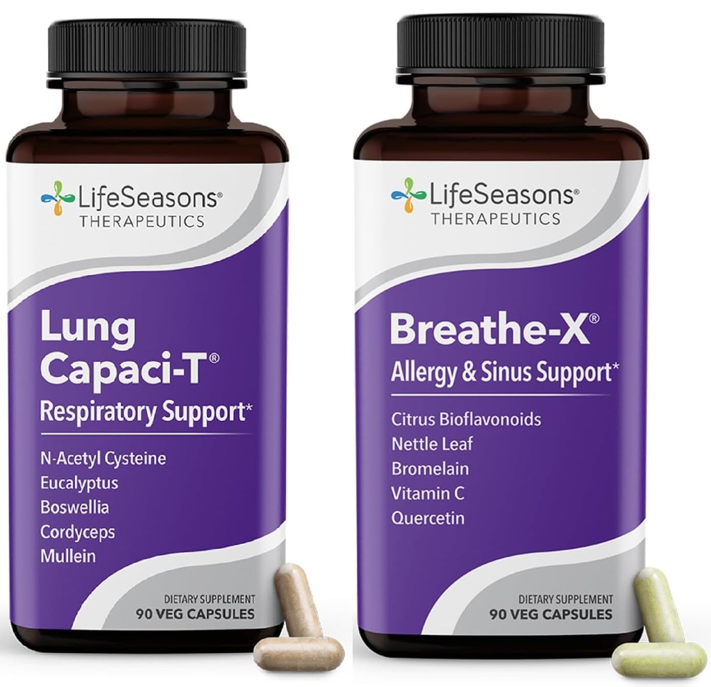 LifeSeasons Breath-X com Lung Capaci-T - Alergia e suporte respiratório - Alívio Sinus de ação rápida - Aumenta a capacidade de oxigênio e reduz o muco - 180 Cápsulas