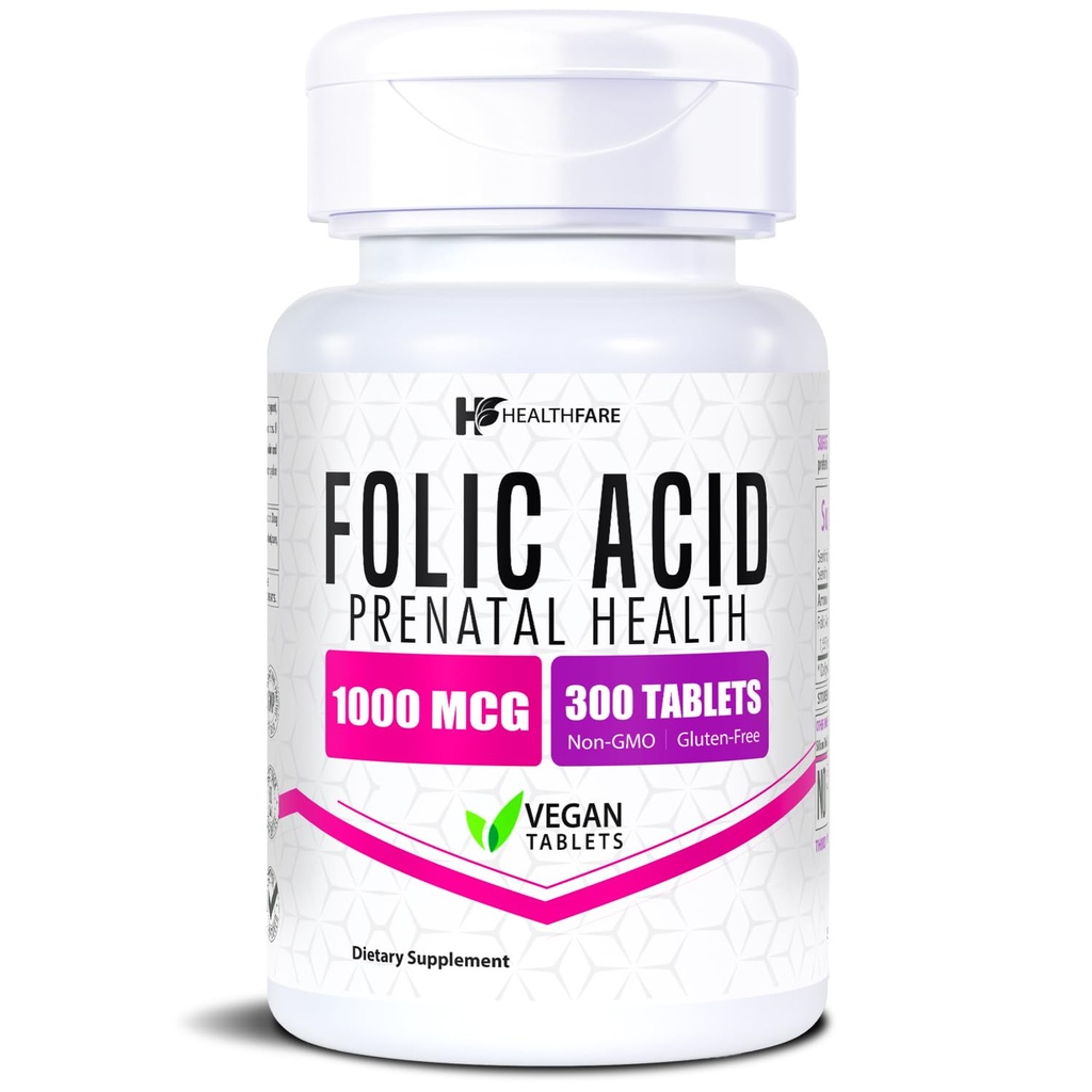 Healthfare Ácido Fólico 1000mcg 300 comprimidos de Veg . Vitamina B9 .