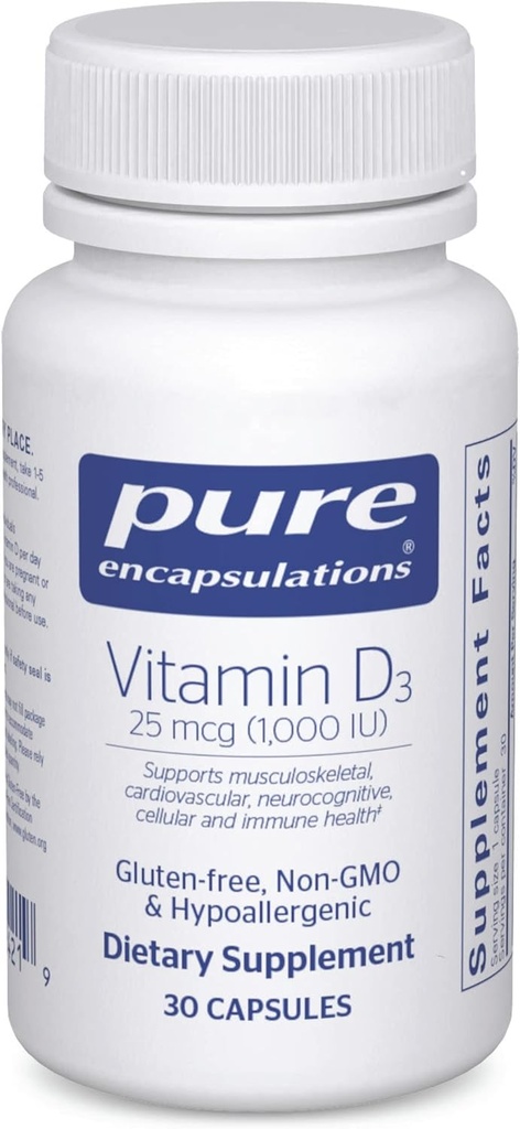 Pure Encapsulations Vitamina D3 25 mcg (1.000 UI) - Suplemento para Apoio Osso, Articulação, Mama, Coração, Colônia e Saúde Imunitária - com Premium Vitamina D - 30 Cápsulas