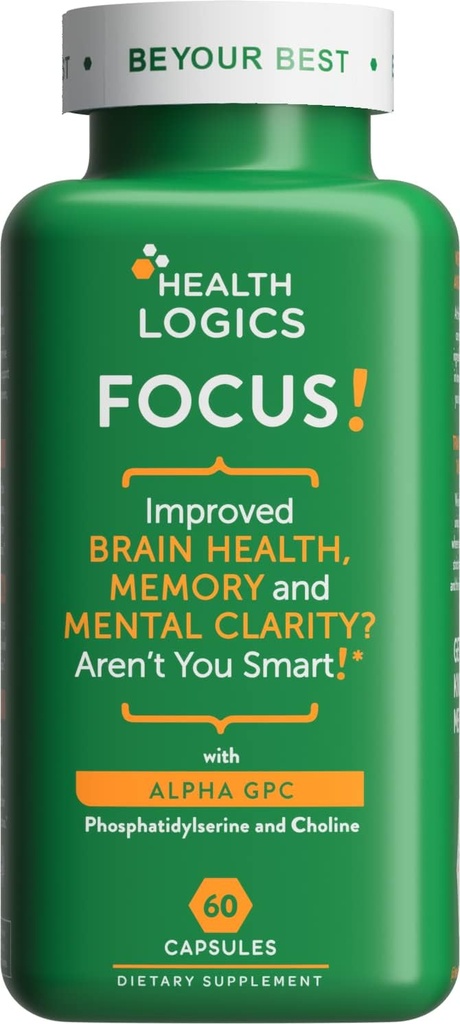 Health Logics Focus! - Suplemento cerebral para memória, clareza, concentração com cholina, Ginkgo Biloba, Alpha GPC, Phosphatidylserina, Bacopa Monnieri l 60 Cápsulas l Não-GMO