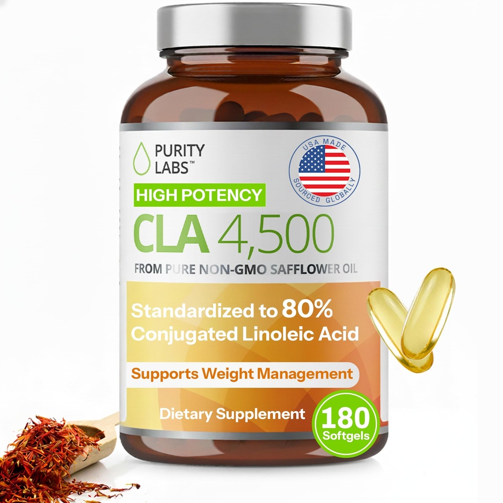 Laboratórios de pureza CLA Suplementos 4500MG - Óleo de girassol não-GMO - Suporta energia, perda de peso, saúde do coração e saúde muscular - 180 Géis macios