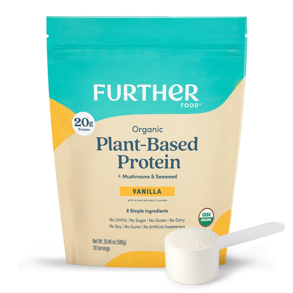 Mais comida orgânica Vegan proteína em pó Vanilla - 20g de proteína baseada em plantas, Pó de proteína orgânica com cogumelos e algas, Vegan, Não OGM, Sem glúten, Leite Livre 19.05 Oz