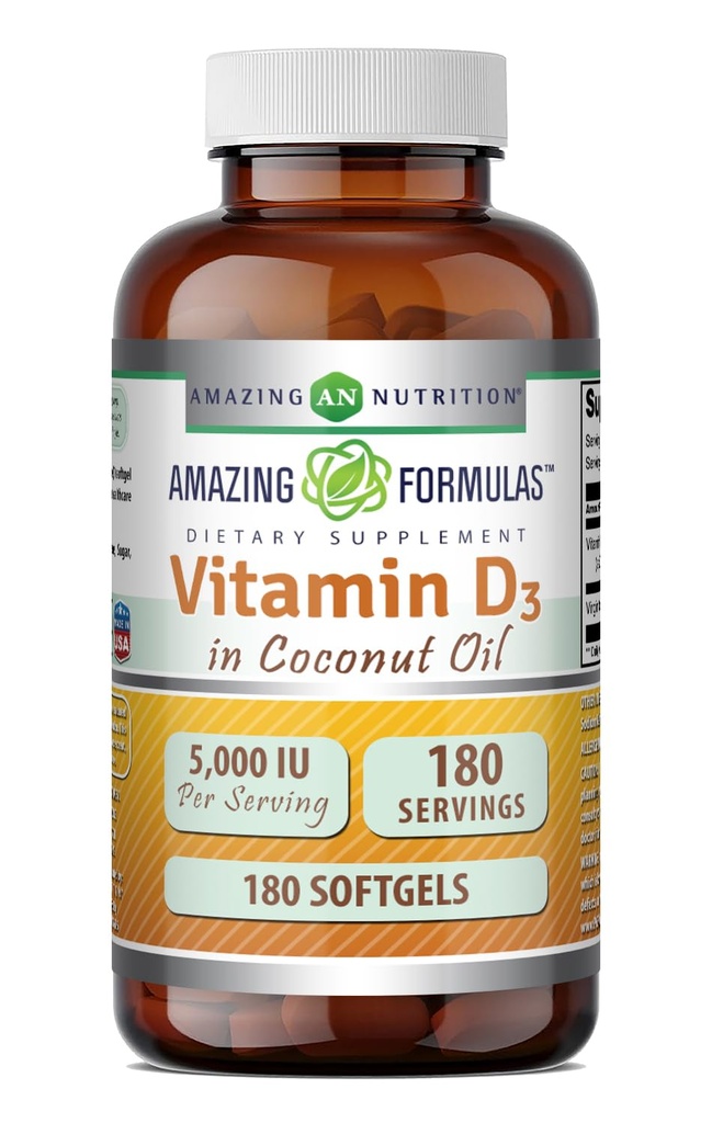 Fórmulas surpreendentes Vitamina D3 com óleo de coco Suplemento de 5000 UI por serviço 180 Softgels