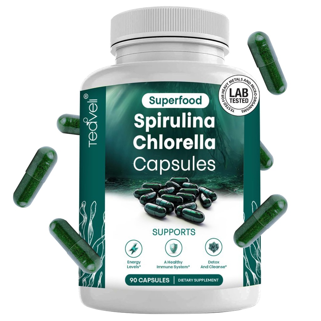 Cápsulas de espirulina e chlorela – Pílulas de clorofila e algas verdes azuis para apoiar detox potente, energia e um sistema imunológico saudável – 3X mais chlorela espirulina pó / serviço – 90 Ct