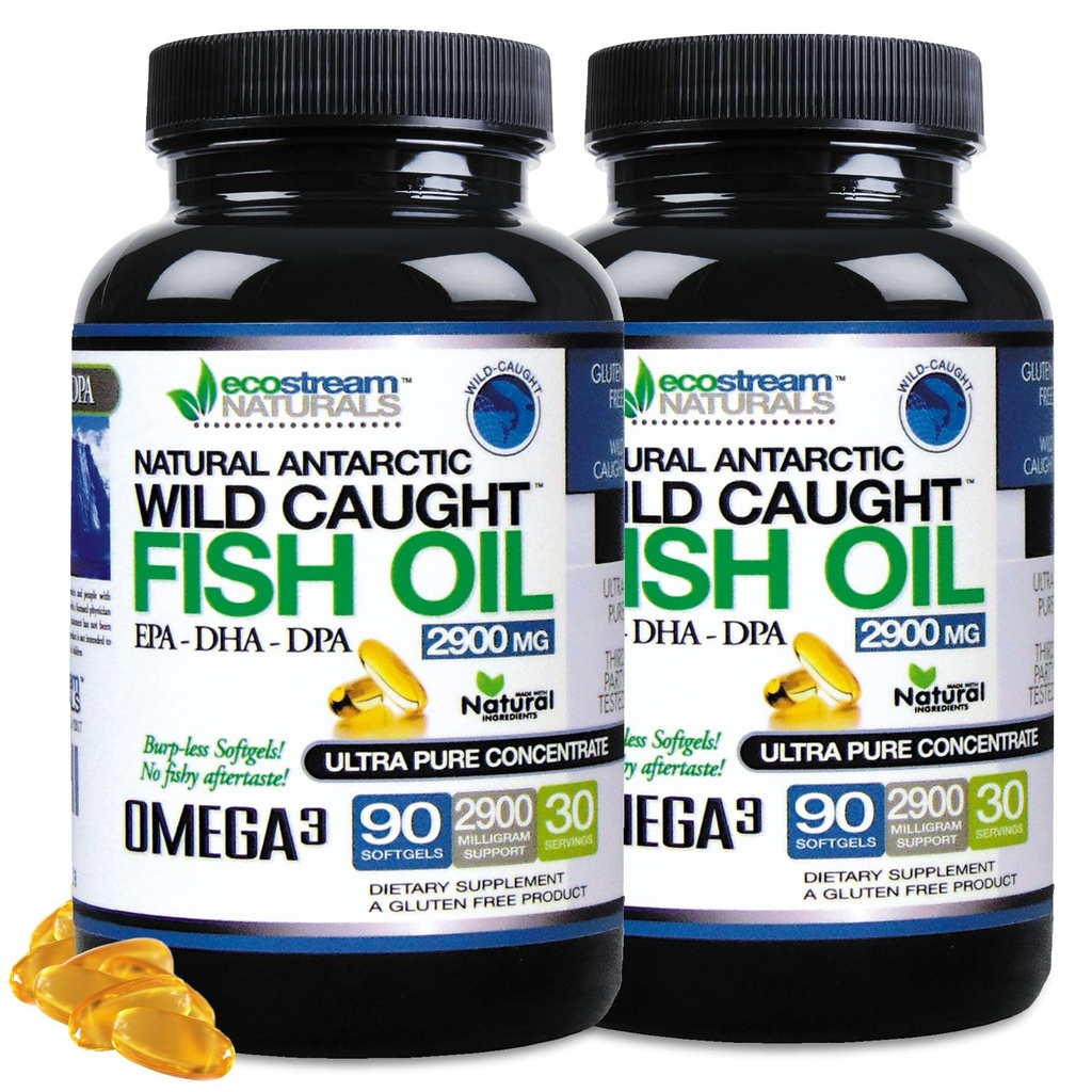 (Pacote de 2) Natural Antárctico Wild Capted Omega 3 Fish Oil DPA-EPA-DHA Suplemento 2,900 Milligrams Triplo Força Ultra Puro Concentrado SoftGels - Sem Peixe Degustação Burps