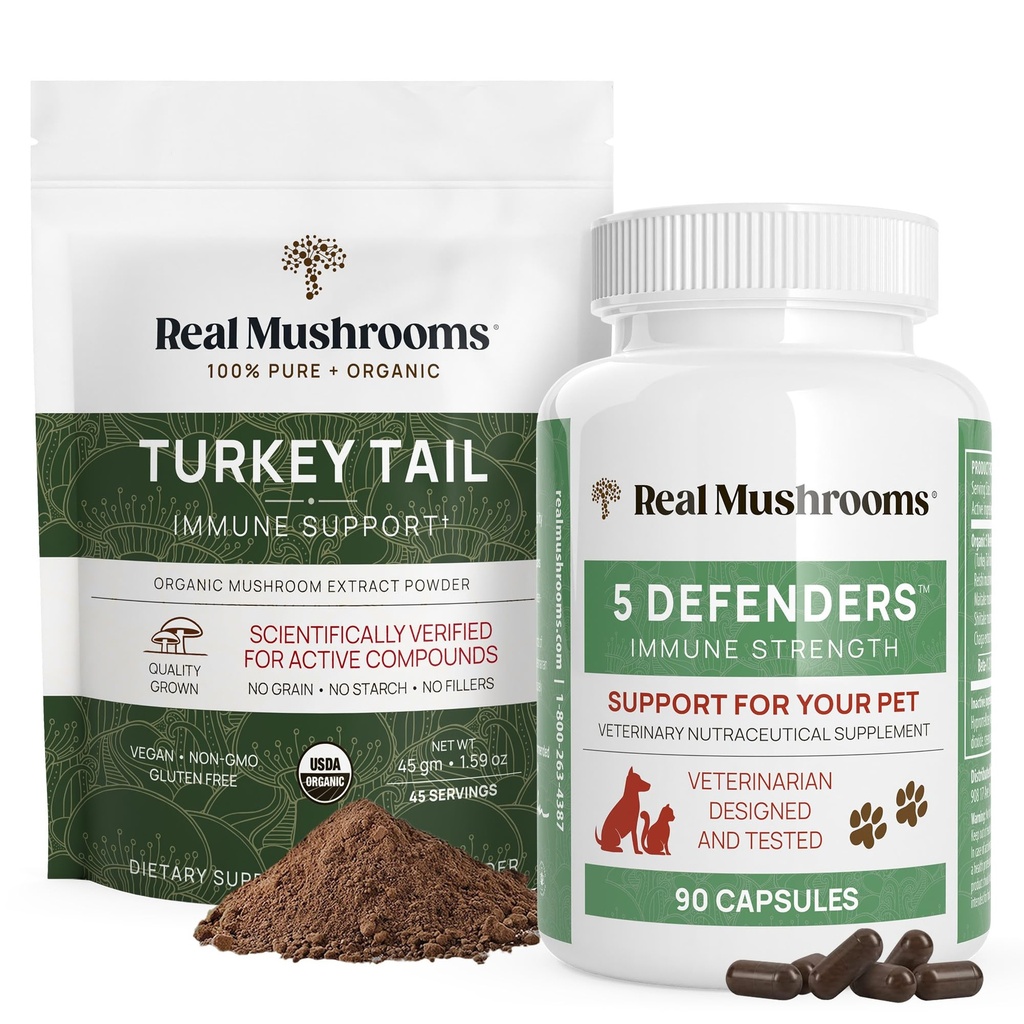 Real Cogumelos Turquia Tail Powder for Humans (45 Servings) & Turquia Tail for Pets (90ct) - Pó e Cápsulas Pacote para Suporte Imune - Vegan, Não-GMO, Grain-Free, Gluten-Free