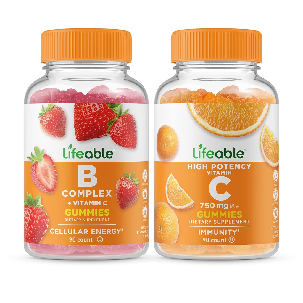 Complexo B vitalável + vitamina C 750mg, chicletes Bundle - Grande degustação, Suplemento de vitamina, sem glúten, OGM livre, mastigável