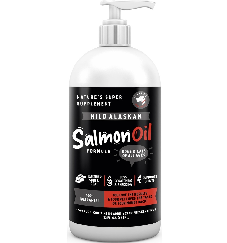 Mais fino para animais de estimação Wild Alaskan Salmon Oil para cães e gatos - Omega 3 Fish Oil com Pollock & Salmon para pele sensível & casaco de saúde. EPA & DHA Facilitar Coceira, Suporta Conjunção, Imune & Saúde do Coração (32 onças)
