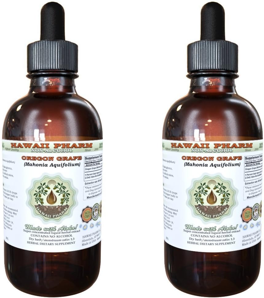 Hawaii Pharm Oregon Grape Alcohol-Free Liquid Extract, Oregon Grape (Mahonia aquifolium) Secado Root Glicerite Natural Herbal Supplement, USA 2x2 fl.oz