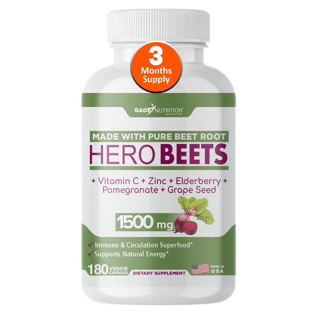 Gade Nutrition Hero Beets - Beterraba Raiz Cápsulas 1500mg - Raiz de beterraba orgânica Pó + Zinco de vitamina C, Elderberry, Romã, Extrato de semente de uva - 3 meses de fornecimento