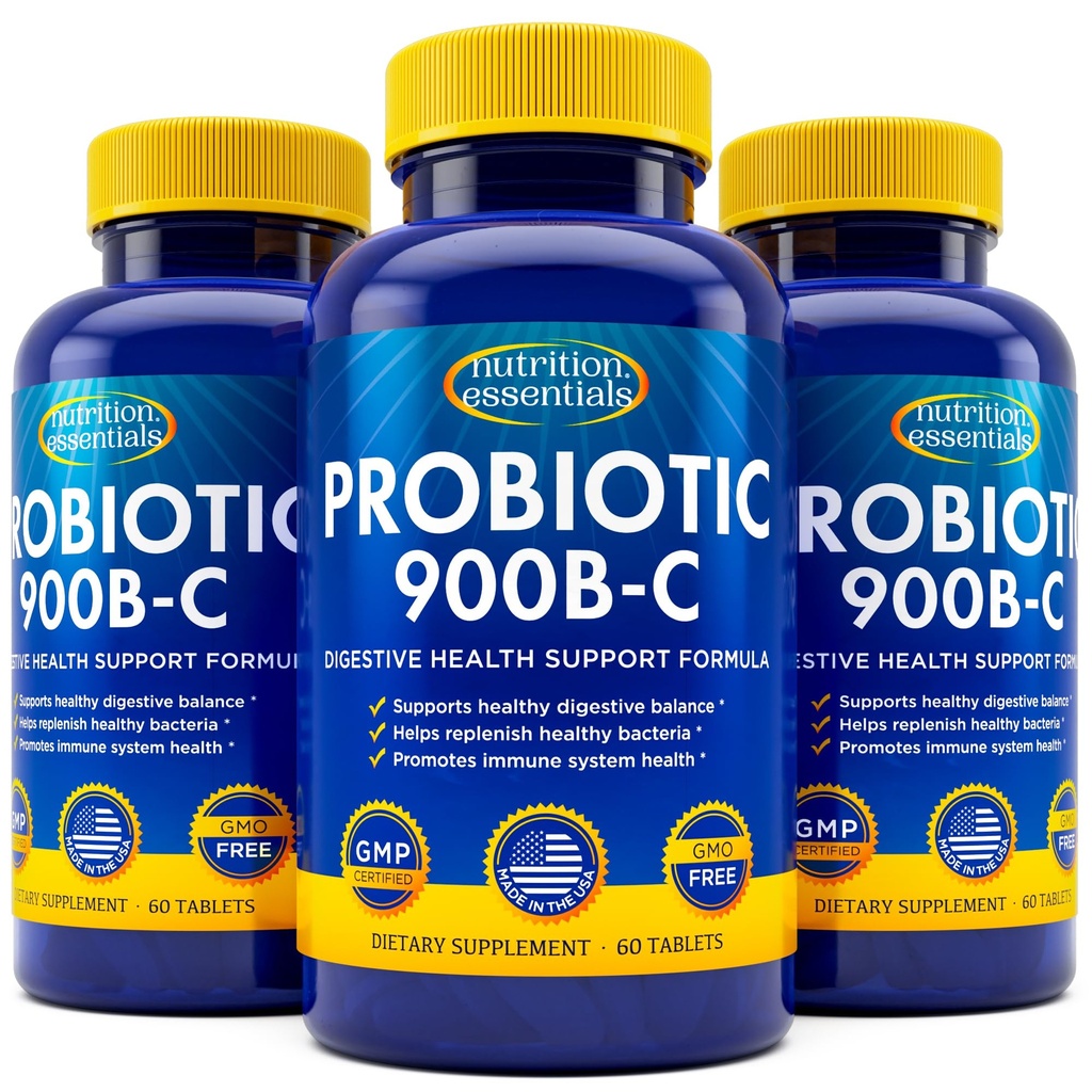 Nutrition Essentials Probióticos para Mulheres e Homens com Enzima de Lactase Natural & Fibra Prebiótica para Saúde Digestiva - 80% + Suplemento Mais Forte para Apoio à Saúde Gut - 3 Contagem de 60 Comprimidos