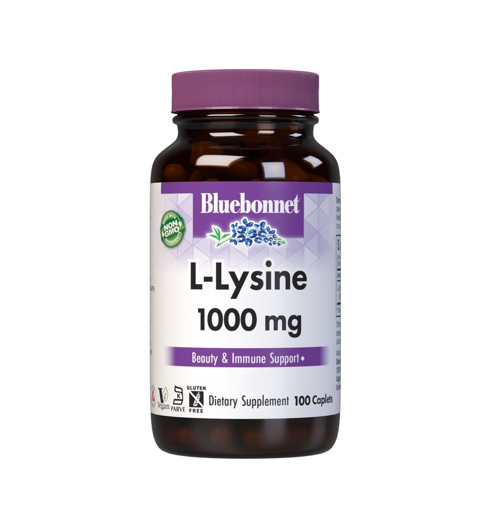 BlueBonnet L-Lysine 1000mg Suplemento Aminoácidos Essenciais - Imune & Colágeno Suplementos de suporte para mulheres e homens - Não-GMO, Vegan & Gluten-Free - 1000 mg L Lisina por serviço - 100 Caplets