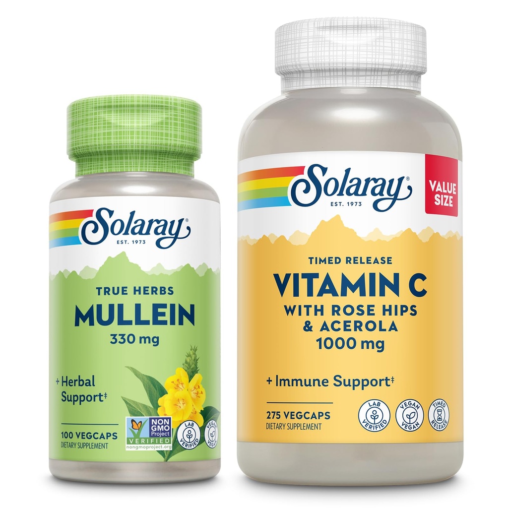 SOLARAY Vitamina C 1000mg e Mullein Folder Wellness Bundle - Time Release Suplemento de vitamina C e Mullein Cápsulas, tradicionalmente usado para suporte de Wellness - Vegan, 60-Day Garantia, 275/100 VegCaps
