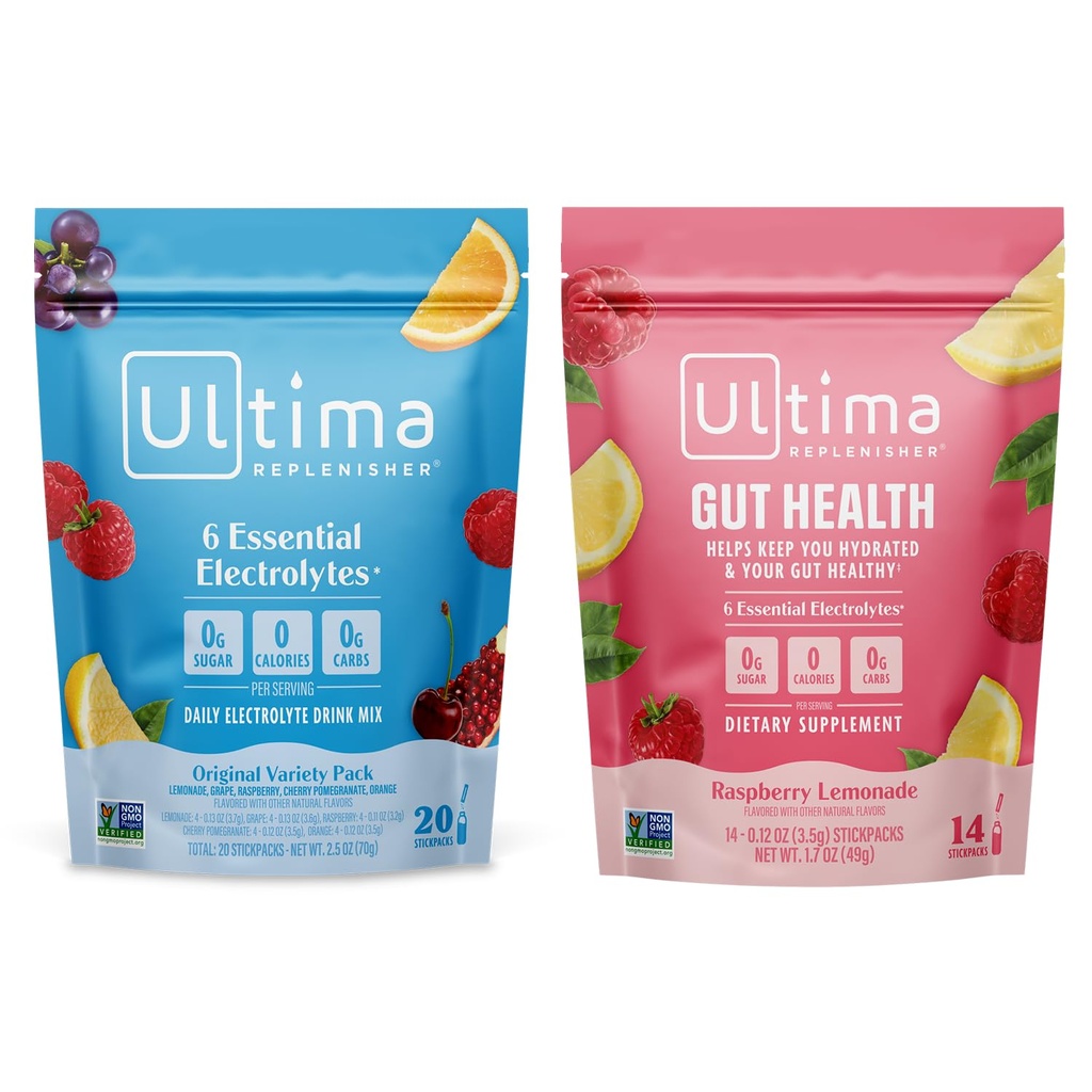 Ultima Replenisher Electrolyte Powder Drink Mix Bundle – Açúcar grátis – Variedade, Gut Health – 20 Stickpacks, 14 Stickpacks – 6 Eletrolitos e Minerais – Keto Friendly, Vegan, Não-GMO