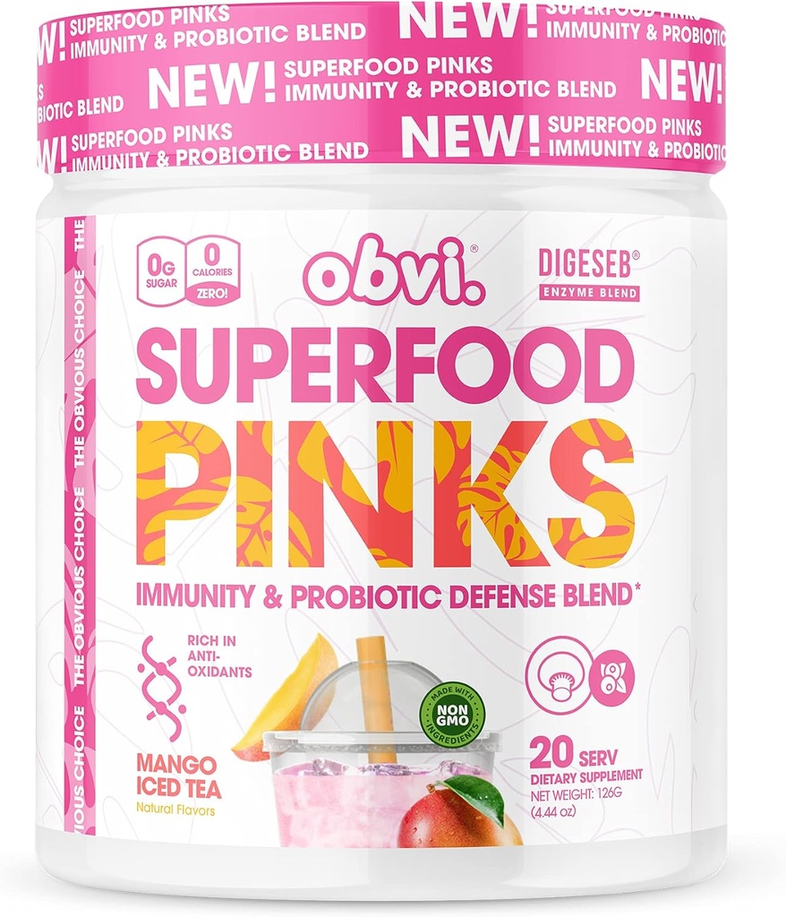 Obvi Superfood Rosas Mistura Probiótica Rico em Antioxidantes, Adaptogênios, Mistura Digestiva Enzima, Suporte Imune, Gut Saúde Keto, Gluten-Free, Sem Açúcar, 10 bilhões de UFC . Chá gelado de manga, 20 Servings
