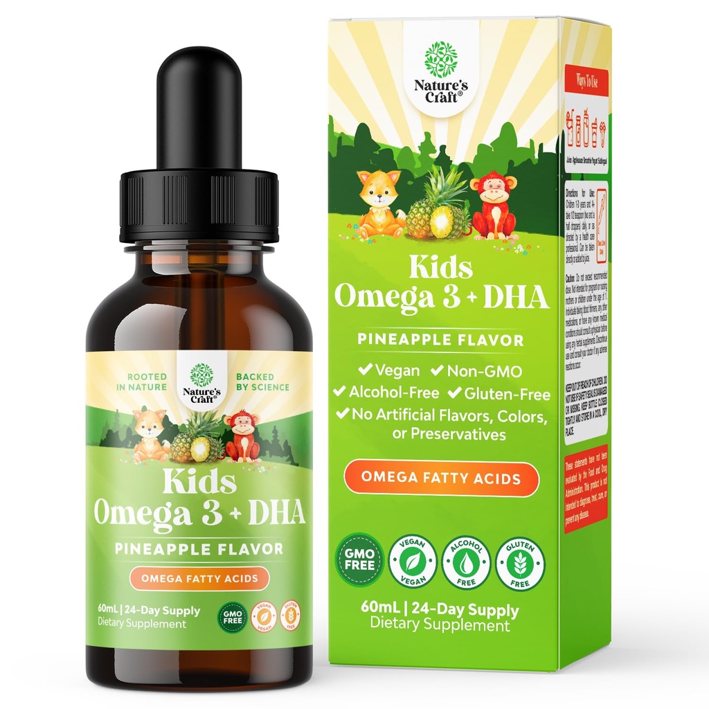 Crianças DHA Omega 3 Drops - Ácidos Gordos Omega 3 6 9 para Cérebro, Força Imunitária e Visão - Nutricional DHA para Crianças para Sistema Nervoso Saudável e Apoio Focal - Suplemento Líquido com EPA & ALA - 2 Fl Oz