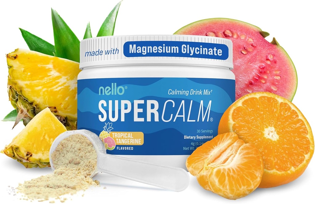 Nello Supercalm Powdered Drink Mix, Tangerina Tropical, L Theanina, Ksm-66 Ashwagandha, Glicinato de magnésio, Vitamina D 3, Suplementos para Relaxamento e Foco, Natural, Sem Açúcar, Não OGM, 30 Srvg