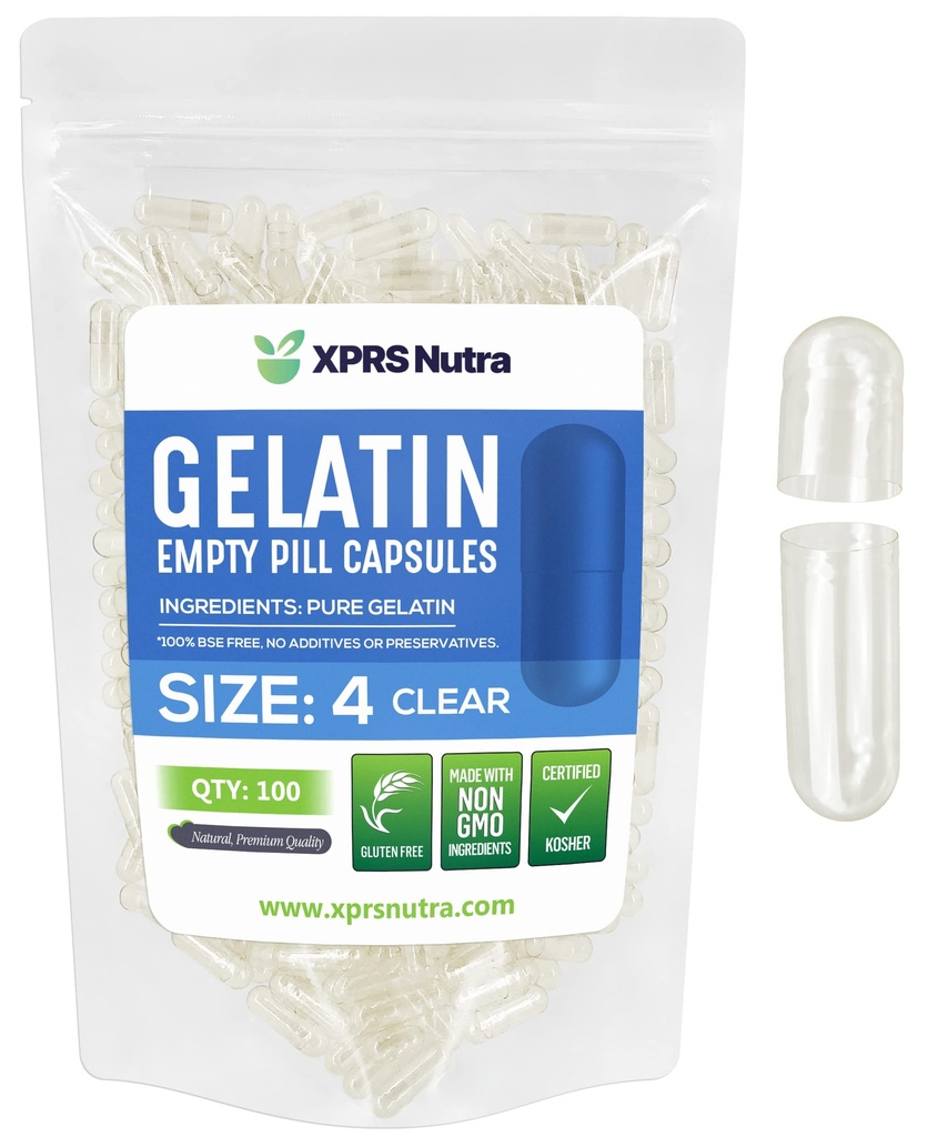 XPRS Nutra Tamanho 4 Cápsulas Vazias - 100 Count Pequenas Cápsulas Esvaziadas Gelatina - Comprimidos DIY Cápsula Preenchimento - Filável Pure Bovine Gel Caps para Do-It-Yourself Suplementos