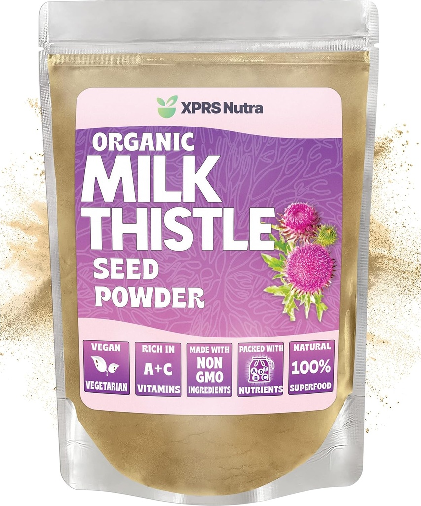 XPRS Nutra Organic Milk Thistle Seed Powder - Premium Milk Thistle Powder Rich em silimarina e antioxidantes - Leite Thistle Seeds Apoio à saúde do fígado - Vegan Friendly Milk Thistle Organic (8 onça)