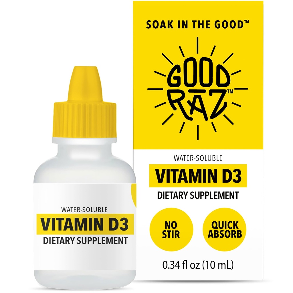 Vitamina D3 Drops para Adultos Fornecimento de 4 meses – Vitamina D líquido solúvel em água, sem OGM, Suplemento Kosher – Fácil de absorver, Sem agitação, Sem sabor D3 líquido para alimentos ou bebidas