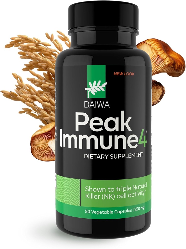 Daiwa PeakImmune4® – Suplemento de Suporte Imune para Adultos com Composto de Arabinoxilano de Arroz Bran (RBAC) e Enzime de Cogumelo Shiitake – 50 Cápsulas