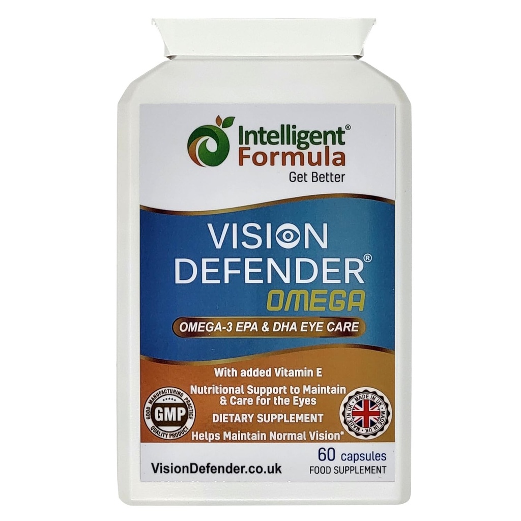 DEFENSADOR DE VISÃO Suplemento OMEGA Olho: Cuidado e alívio para olhos secos, melhorar a saúde dos olhos - alta resistência 1000mg Puro Omega-3 Óleo de peixe (400mg EPA, 200mg DHA por cápsula) + Vitamina E (60 Softgels) Feito no Reino Unido