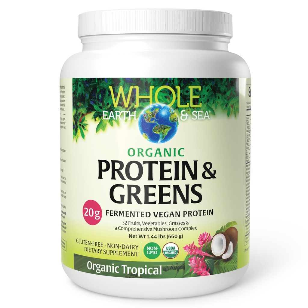 Toda a Terra & Mar de Fatores Naturais, Proteínas Fermentadas Orgânicas & Verdes, Vegan Whole Food Supplement, Tropical, 1lb 7.3 Oz