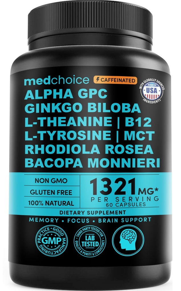 12-em-1 Suplemento Nootrópico do Cérebro com Cafeína Anidra: Ginkgo Biloba para Apoio ao Cérebro, Memória e Foco - B12, Alpha GPC, L Theanina e Suplementos de Colina com Bioperina com 1321mg (60ct)
