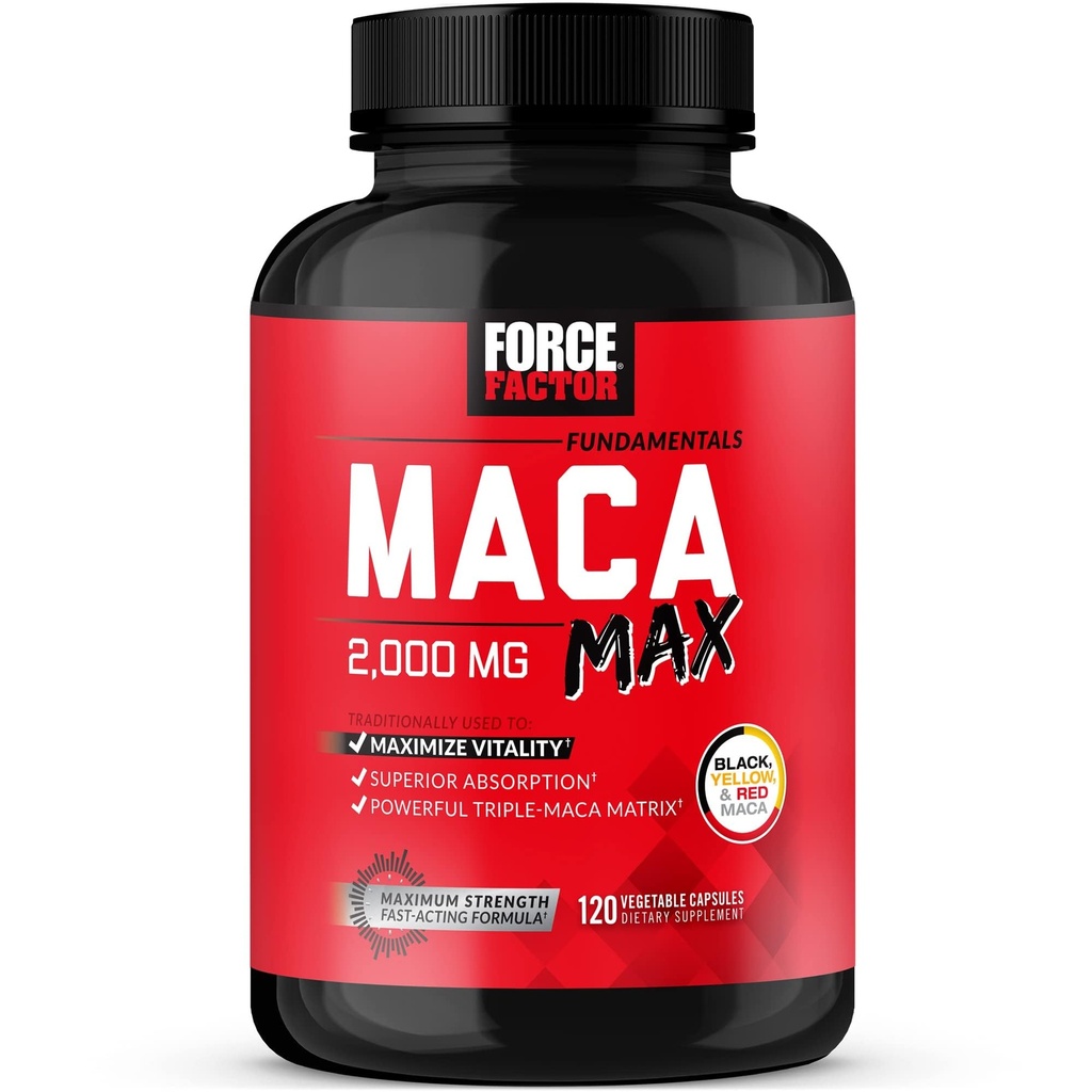 Fator de força Maca Max, Maca Root Cápsulas para maximizar a Vitalidade e Desempenho, Feito com Maca Preto, Maca Vermelho, & Pó de Maca Amarelo, Maca Root Pó, 2000mg, 120 Cápsulas