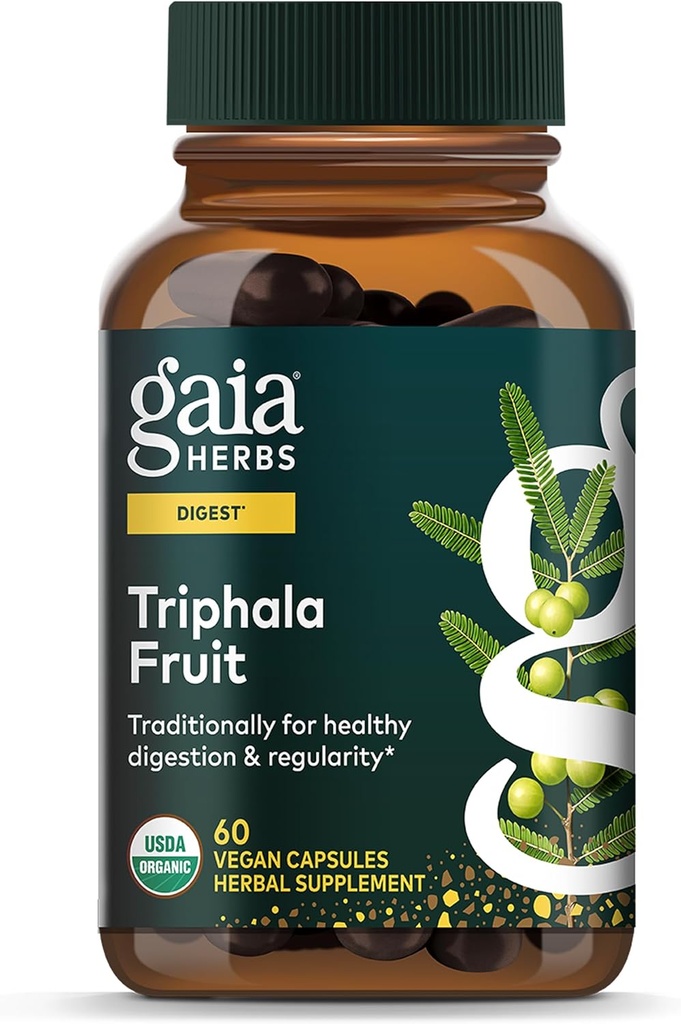 Gaia Herbs Triphala Fruit - Suporta Saúde Digestiva - Limpa suavemente o seu sistema* - com Amla Fruit, Belleric Myrobalan, e Chebulic Myrobalan - 60 Cápsulas Vegan (fornecimento de 30 dias)