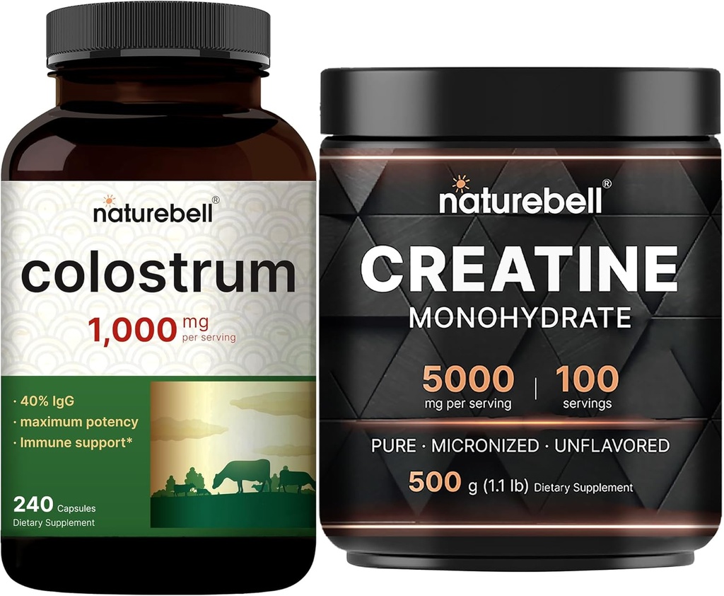 NatureBell Creatina Mono-hidrato Pó e Colostro 240 Cápsulas 1.000mg por pacote de serviço □ Creatina Micronizada de alta absorção □ Primeiro leite materno da grama Bovinos