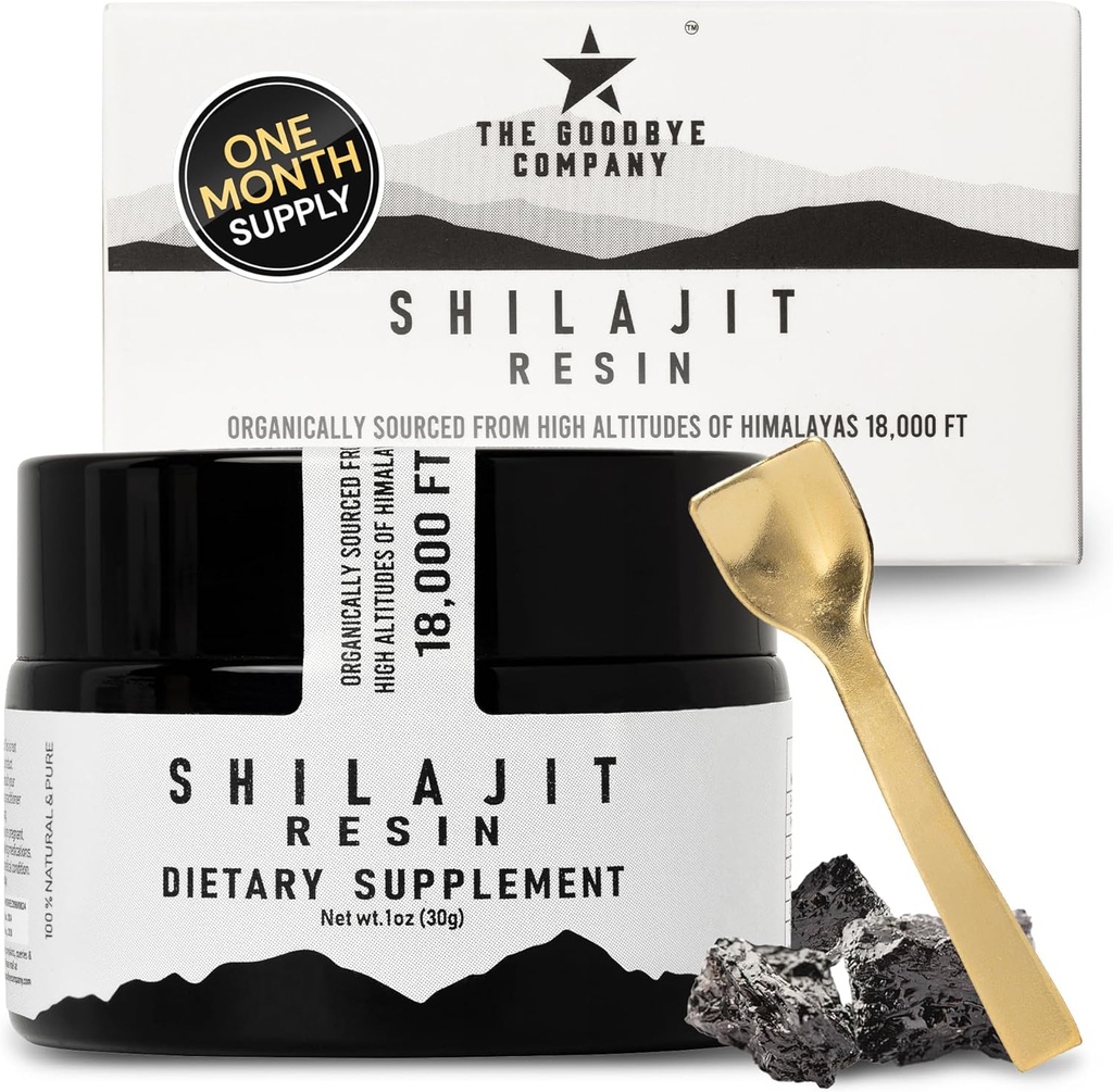The Goodbye Company Puro Shilajit Resin – Orgânico com 85+ Trace Minerals e Pure Fulvic Acid; Para Homens e Mulheres Energia Boost, Muscle Building, Stamina, Vitality Supplement 3-Mês Fornecimento