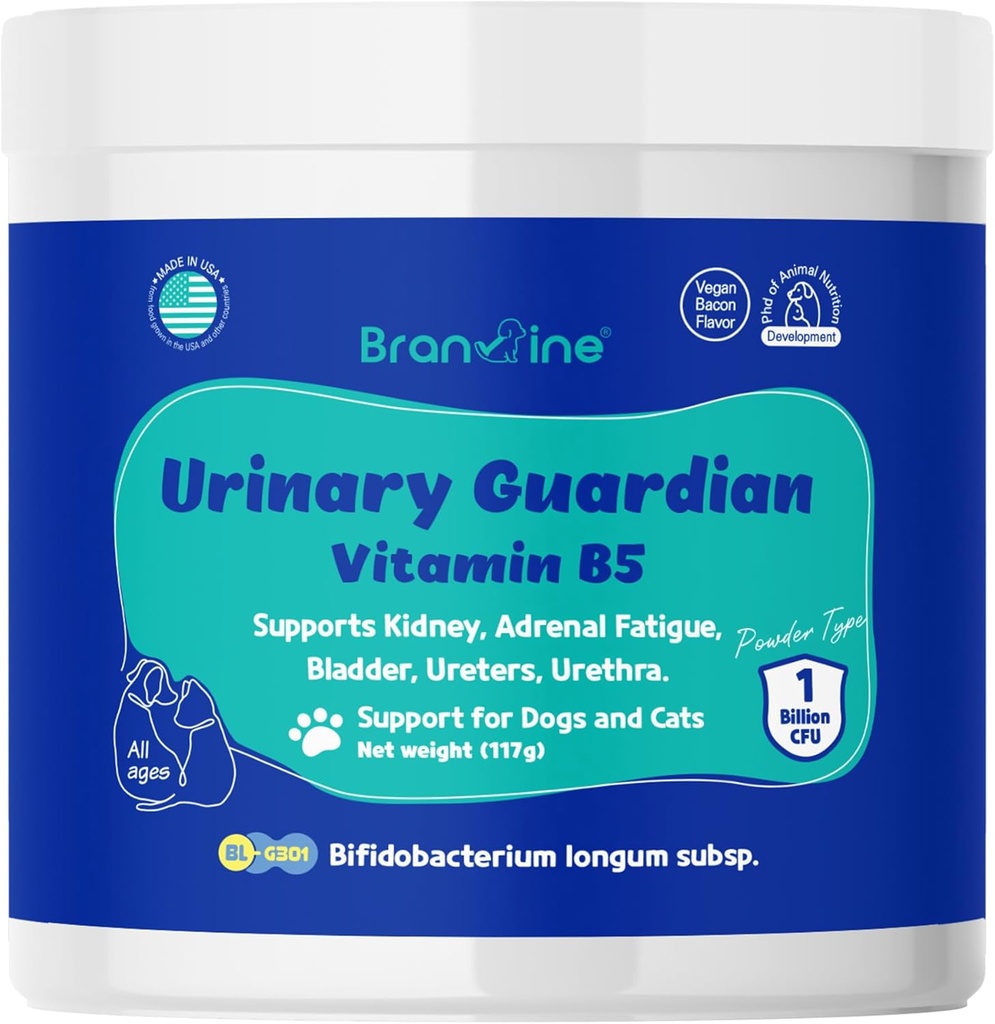 Urinary Guardian for Dogs and Cats - Suporta Rim, Fadiga Adrenal, Bexiga, Ureters, Uretra, Vegan Bacon Flavor (117g) (Vitamina B5)