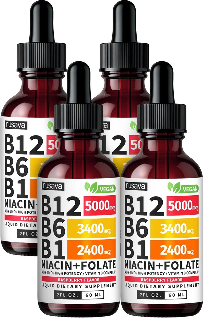(4 Pack) Vitamina B12 e B6 Drops Líquidos, B12 Complexo Sublingual de Vitamina B - B 12 Vitamina 5000mcg - B12 Metilcobalamina para Energia, Cérebro e Suporte Cardíaco com 27.200 mcg, Framboesa, 80 Servings