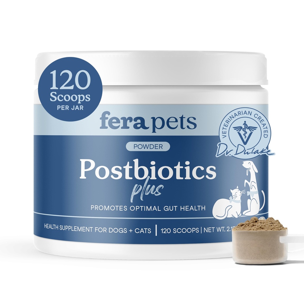Fera Pets Postbióticos Plus Prebióticos para cães e gatos - com Elm Slippery - Promove Saúde Digestiva Optimal & Resposta Inflamatória - Melhora Imunidade - 120 Scoops