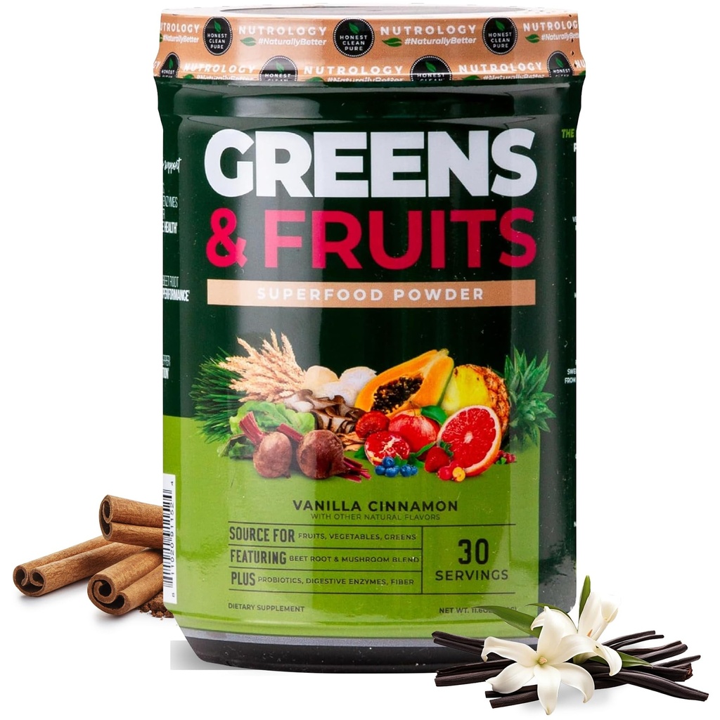 Nutriologia Verdes & Frutas Superalimento de origem natural em pó, Beterraba em pó, Mistura de cogumelos, Probióticos, Enzimas Digestivas, Fibra, Antioxidantes, Suporte Imune, Sem Glúten - Canela de baunilha