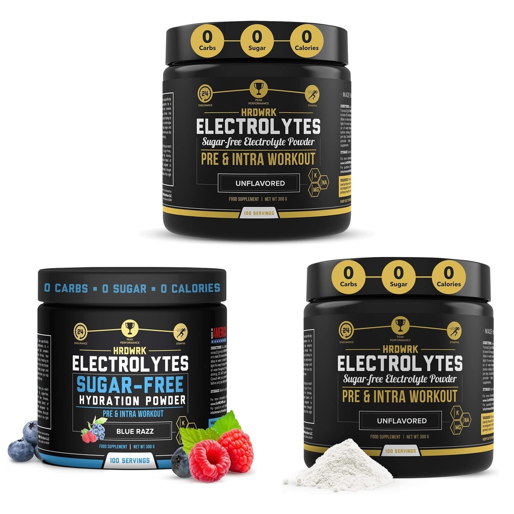 HRDWRK - 100 Servings Keto Electrolytes Pó Hidratação de Açúcar Grátis - Electrolyte Pó para aumentar a resistência e reduzir a fadiga com eletrólitos Suplemento (Desflavored Set de 2 & Blue Razz)