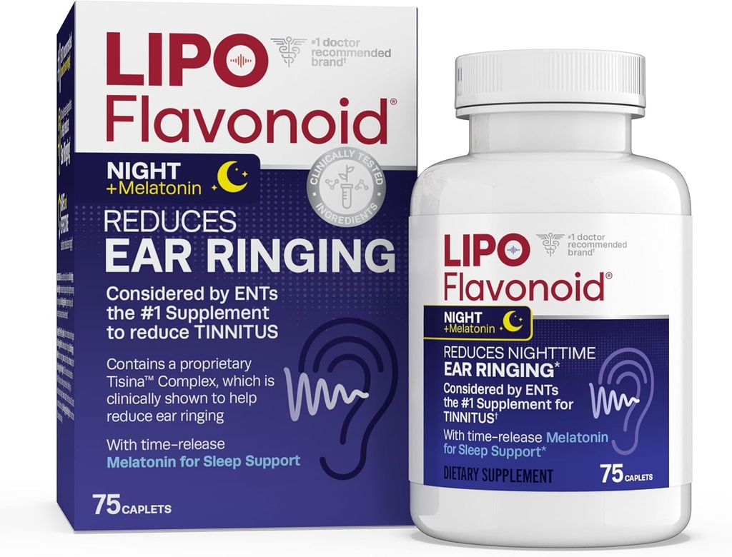Lipo-Flavonoid Nighttime PM para alívio do zumbido - Ajuda ao sono com melatonina, bioflavonóides, e vitamina C - Anel nos ouvidos, saúde do ouvido, e relaxamento - Uso com Lipo-Flavonoid Plus - 75 Caplets
