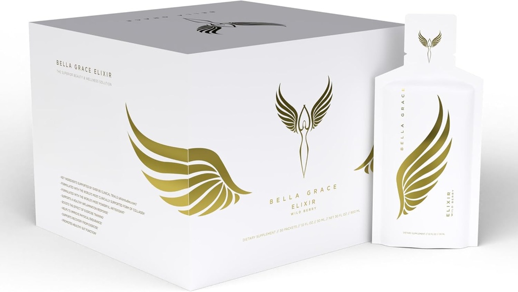 Bella Grace Elixir Collagen Peptides Supplement for Skin Care & Health with Verisol Collagen, AstaReal Astaxantina, and Cat’s Claw, Supports Collagen Regeneration, Antioxidant Protection, 30 Servings