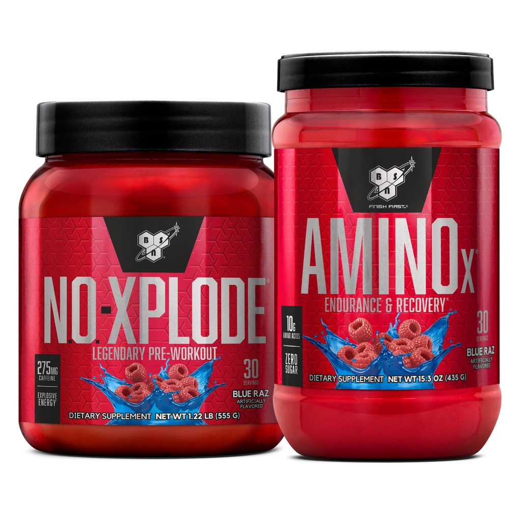 BSN Pacote de treino de NO XPLODE Pré treino em pó Raz azul, 30 Servings AMINO X Muscle Recovery Intra Workout Support, Caffeine Free Blue Raz, 30 Servings