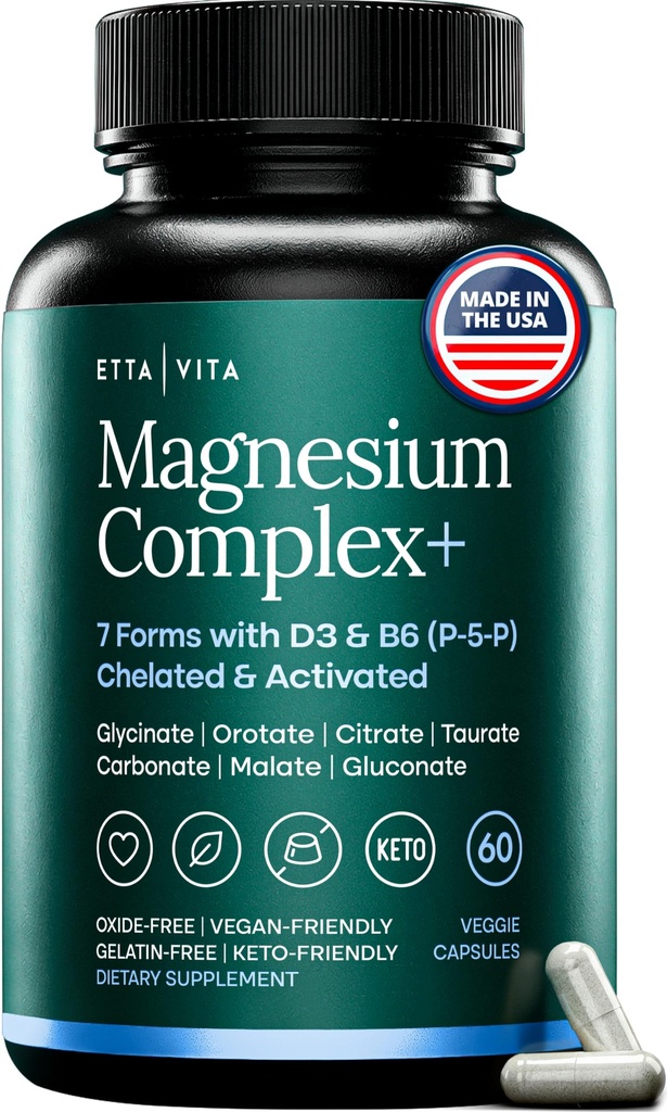 Magnesium Glycinate Complex for Women & Men - 500mg (7-in-1) with D3 & B6, Glycinate, Citrate, Malate, Taurate, Gluconate, Carbonate, & Orotate - Supports Sleep and Muscle Health [Oxide-Free] 60ct