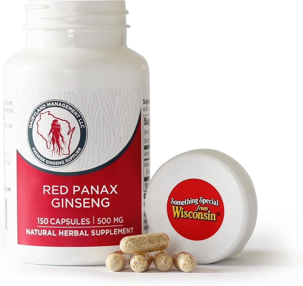 Dairyland Management LLC 100% Autêntico Coreano Red Panax Ginseng Cápsulas -500 mg. Potent Ground Ginseng Raiz Extrato Pó - Sem preenchimentos, ligantes ou outros aditivos. (150 ct)