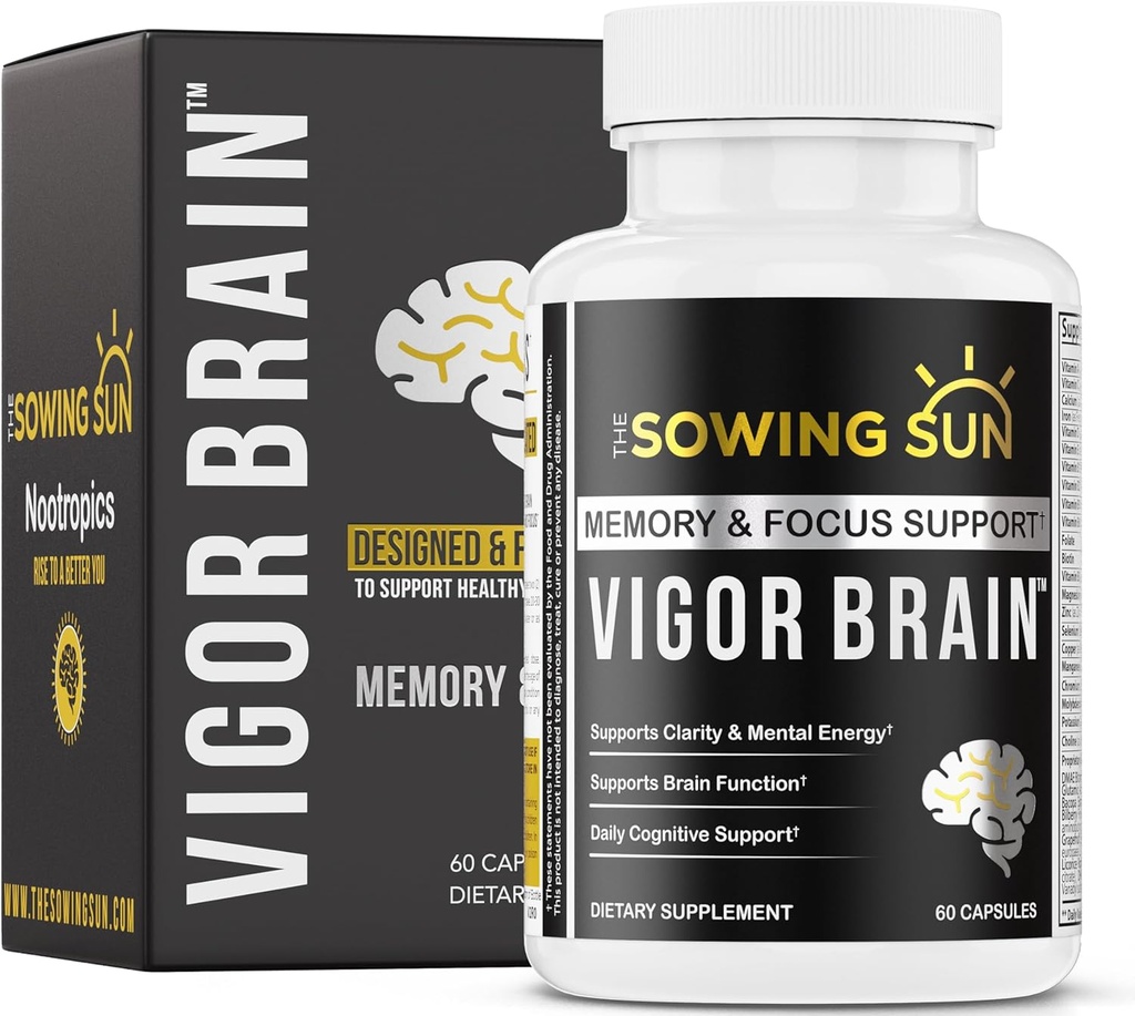 Vigor Brain Premium Nootropic Supplement – Concentração, Suporte ao Cérebro e Memória – Formulado com 40 Ingredientes Nootrotrópicos Únicos: DMAE, Colina, Fosfatidilserina, Bacopa Monnier e Huperzina A (1)