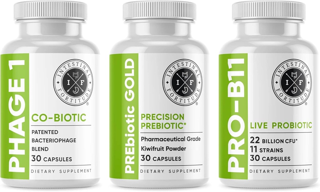 Pacote de suplemento de saúde da fortitude intestinal - Prebiótico Gold, PRO-B11, Phage 1 - w/Gold Kiwifrut Pectin, SCFAs, e 22 bilhões de CFU para suporte a microbiomas, glúten, soja e cápsulas livres de leite