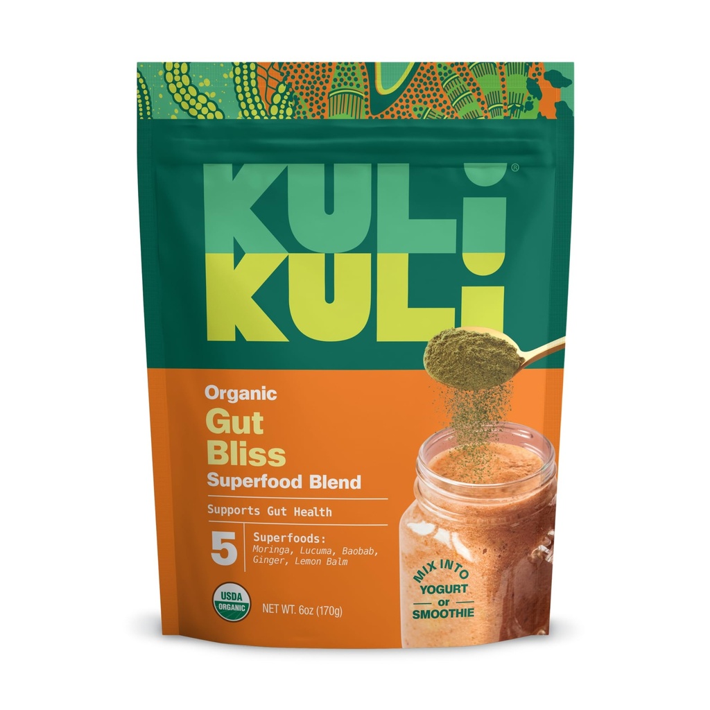 Kuli Kuli Gut Bliss Superfood Powder [6 oz] - Mistura poderosa de Moringa Orgânica, Baobab, Lucuma, Ginger e Limão Balm - Promova Digestion, Soothe the Stomach and Boost Gut Health
