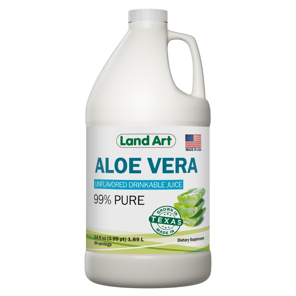 Land Art - Puro Aloe Vera Juice sem sabor – Cold-Processed - 99,7% Orgânico Aloe Vera filé interno de folhas frescas do Texas – Saúde Digestiva, Detox e Bem-Estar Natural - 64 fl oz
