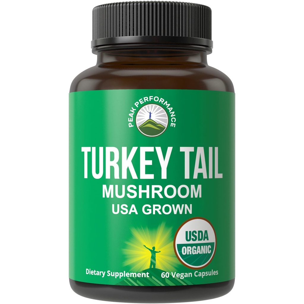 Peak Performance Organic Turkey Tail Cápsulas - EUA Crescido Feito com verdadeiro Peru Tail Mushroom. Suporte do sistema imunológico Suplementos de cogumelos naturalmente colhidos para imunidade. Extrato de Suplemento Vegan