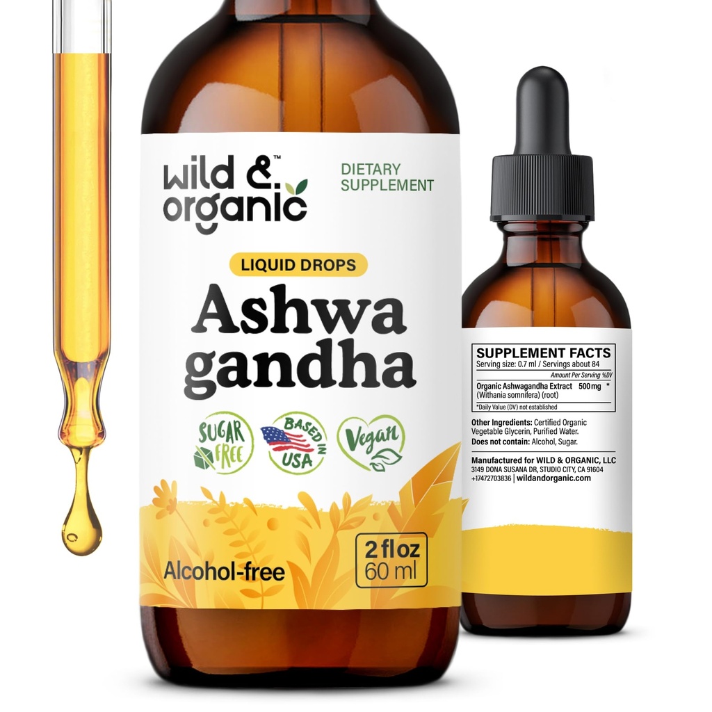 Wild & Organic Ashwagandha Liquid Drops - calmante Ashwagandha Root Extract para Relaxação - 1-Mês de Abastecimento - Suplementos de ervas para mulheres e homens - Vegan, Açúcar & Tintura sem álcool - 2 fl oz